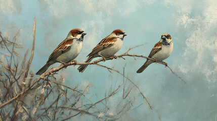 Wall Mural - Three sparrows perched on a branch, painted in a realistic style.