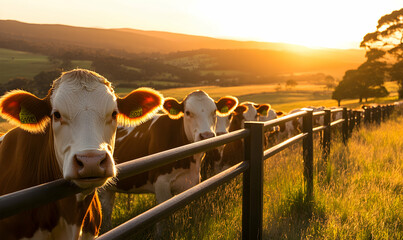 a herd of cows stand in a line behind a fence, with the setting sun creating a warm glow.