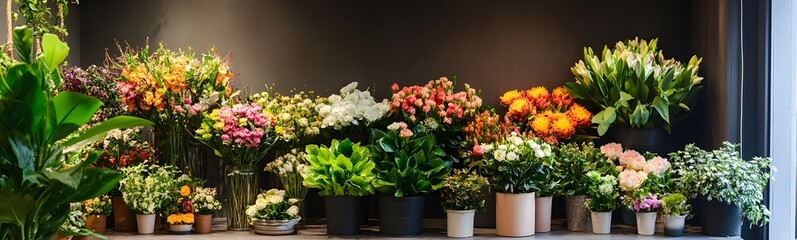 12. **A vibrant floral shop with neatly arranged bouquets and green plants. The backdrop is a simple, clear design to highlight the flowers.