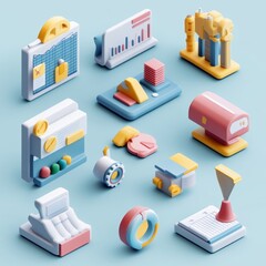 Poster - 3D Isometric Icons Set   Business Charts  Data Analysis  and Finance