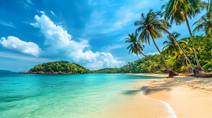 Wall Mural - Tropical paradise beach with white sand, turquoise water, and palm trees.