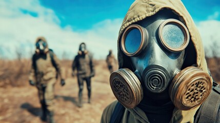 A person wearing a gas mask is standing in a field with two other people