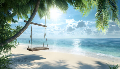 Wall Mural - Tropical beach scene with a wooden swing hanging from a palm tree.