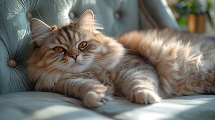 Wall Mural - A fluffy brown tabby cat with golden eyes relaxes on a blue velvet couch.