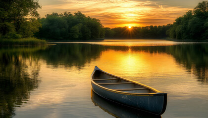 Wall Mural - A canoe sits on a calm lake at sunset, surrounded by trees.