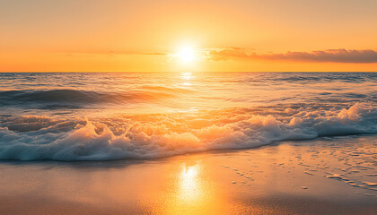 Canvas Print - Golden hour sunset over the ocean with waves crashing on the sandy beach.