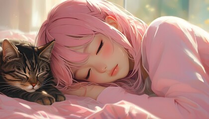 Dreamy lofi scene of a cute anime girl with pink hair peacefully sleeping beside a cat, bathed in soft pastel colors and studio lighting