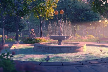 A Peaceful Park Fountain With A Reflective Pool, Nestled Among Softly Glowing Lanterns And Surrounded By The Tranquility Of A Quiet Park. Cozy Vibe, Generative AI