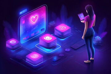 Poster - A woman interacting with digital icons in a virtual environment at night, surrounded by glowing graphics and vibrant colors. Generative AI
