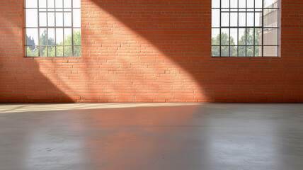 Wall Mural - A spacious industrial room with exposed brick walls and a concrete floor.