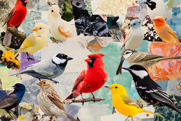 Wall Mural - Collage of various bird species in vibrant colors against a textured background.