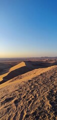 66. **A scenic desert landscape with rolling sand dunes, a clear blue sky, and a vast horizon.