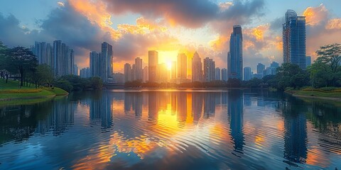 City Skyline Reflected in a Calm Lake at Sunset