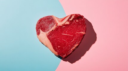 Heart-shaped beef steak on pastel pink and blue background, casting a shadow in the shape of a heart 