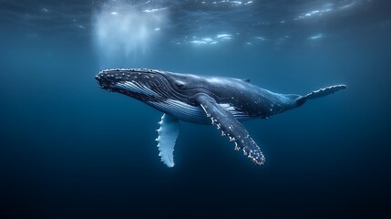 A humpback whale swims through the deep blue ocean, illuminated by a shaft of sunlight.