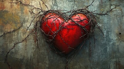 Canvas Print - A vibrant red heart encircled by thorny vines, symbolizing love intertwined with pain and emotion on a textured background.