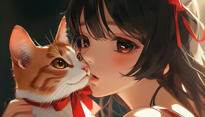 Sticker - Sweet lofi closeup of a Japanese anime girl kissing her cat adorned with a red ribbon, showcasing studio lighting elegance