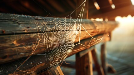daylight morning with the spider web on the wood