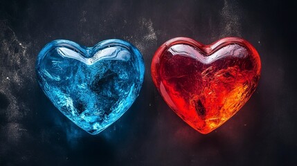 Canvas Print - Two conceptual hearts half blue and half red a greeting card for Valentines Day