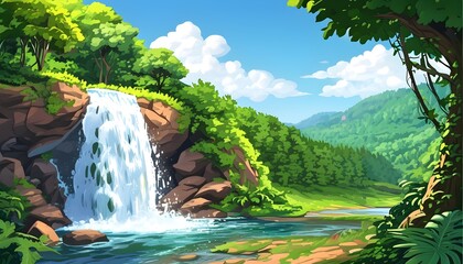 Wall Mural - Whimsical Cartoon Landscape Featuring a Lush Green Forest and a Cascading Waterfall