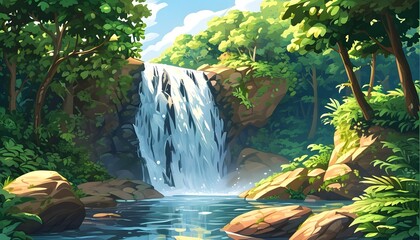 Wall Mural - Whimsical Cartoon Landscape Featuring a Lush Green Forest and a Cascading Waterfall