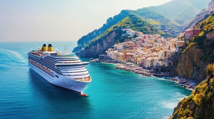 A cruise ship sails along a scenic coastline with colorful buildings.