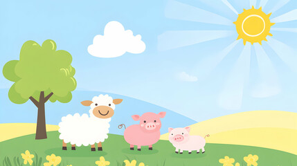 Cute cartoon farm animals in a sunny meadow.