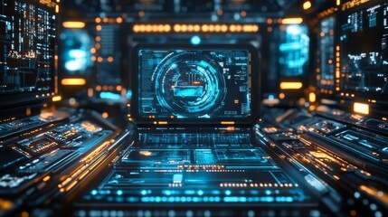 Poster - futuristic tech with holographic displays and interactive elements