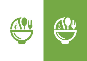 Wall Mural - Organic or vegan food logo design template. combination of bowl with leaf, spoon and fork. organic food design. symbol icon for health restaurant food in simple design