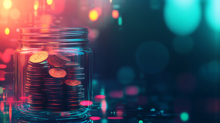 Wall Mural - A glass jar filled with gold coins sits on a reflective surface with a blurred background of glowing lights.