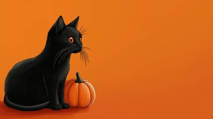 A black cat sits beside a small pumpkin against a vibrant orange backdrop, creating a perfect Halloween atmosphere with generous copy space available for text