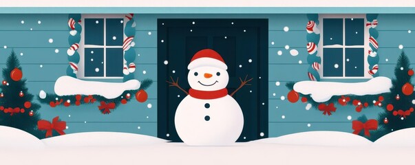 Christmas Eve snowman outside a decorated house, flat design illustration