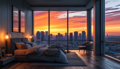 Canvas Print - Chic Bedroom Overlooking Vibrant Cityscape During Majestic Sunset