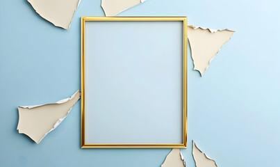 Wall Mural - A gold frame with a blank canvas hangs on a light blue wall with peeling paint.