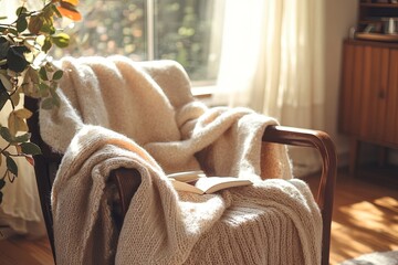 Poster - Cozy reading nook with a warm blanket and a book in a sunlit room with soft natural light. Generative AI