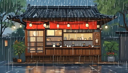 Wall Mural - Whimsical Rainy Day in a Traditional Japanese Cafe