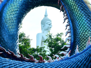 Wall Mural - Naga King with Buddha Statue Beautiful Naga Statue, King of giant Naga statue at Wat Phu Manorom ,Mukdahan Province Thailand, Thai dragon or serpent king statue