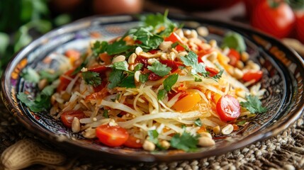 Wall Mural - Close-up of papaya salad with a mix of shredded papaya, chili, tomatoes, and peanuts, served with fresh herbs on a traditional plate.