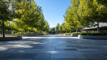 A wide shot of a paved walkway in a park, lined with trees and green bushes. The sun shines through the leaves of the trees, casting a dappled pattern on the pavement.