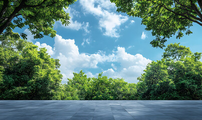 Sticker - A tiled platform with a forest background and a blue sky.