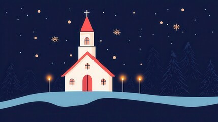 Christmas Eve church service, candlelight glowing in the night, flat design illustration