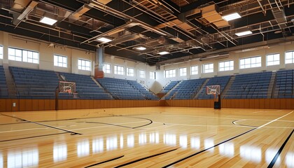 Wall Mural - Vibrant Cartoon Depiction of an Empty Indoor Basketball Court in a Japanese School Gym