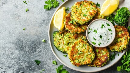 Wall Mural - Crispy broccoli and zucchini fritters served with lemon wedges and fresh herbs, alongside a light vegan dip. A wholesome, plant-based meal perfect for a healthy diet