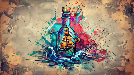 Colorful artistic illustration of a ship in a bottle.