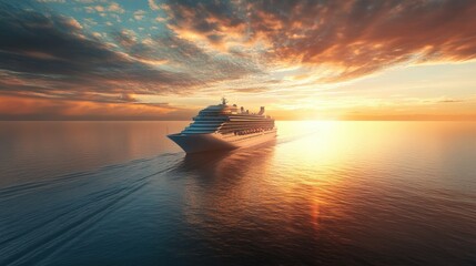 Wall Mural - Cruise ship cutting through calm seas at early morning, the sun just rising over the horizon, casting golden light on the water