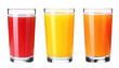 © kuacirebo - Three glasses of fresh fruit juice, red, orange, and yellow.