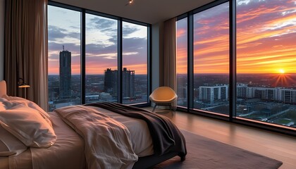 Wall Mural - Contemporary Bedroom Overlooking City Skyline at Sunset