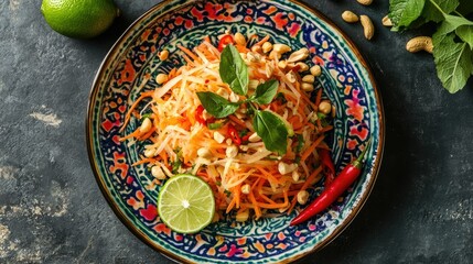 Wall Mural - Flat lay of a delicious papaya salad with shredded green papaya, peanuts, lime, and chili, beautifully arranged on a colorful plate.