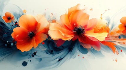 Wall Mural - Vibrant abstract floral design with orange and blue hues.