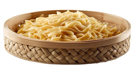 Poster - Delicious Uncooked Pasta in a Bamboo Serving Bowl isolated on white background : Generative AI